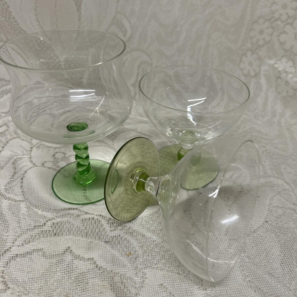 Curated Green Base Glasses Lot Depression VASELINE GLASS 3 PIECES Blown Glass #8